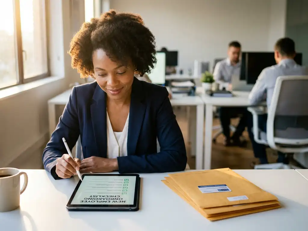 HR-manager bekijkt digitale onboarding checklist en certificeringsdocumenten op een opgeruimd bureau in een modern kantoor.