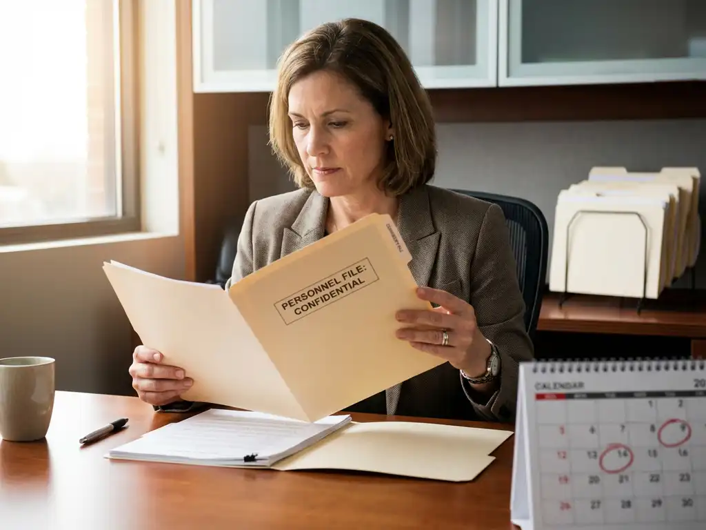 HR-manager bekijkt personeelsdossier aan bureau met gestapelde mappen en kalender, symboliseert regelmatige beoordelingen.