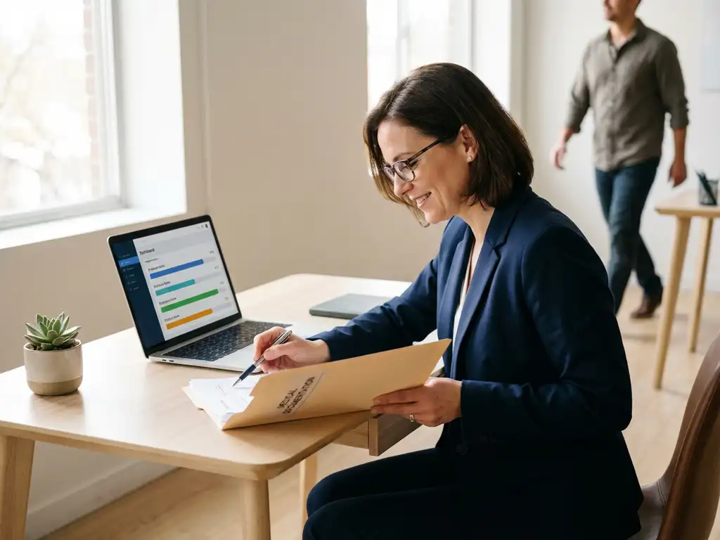 HR-manager bekijkt digitaal dashboard met reïntegratiedata op laptop, naast medisch dossier, in licht modern kantoor.