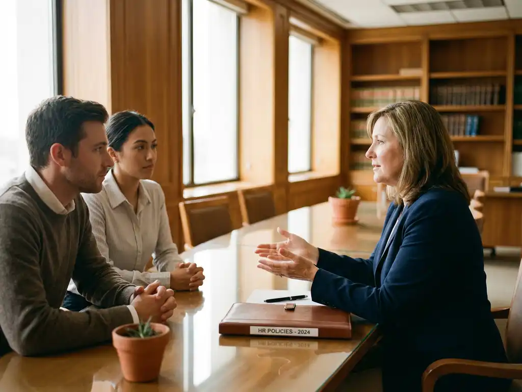HR-manager legt beleid uit aan twee managers aan een vergadertafel in een lichte, professionele kantooromgeving.