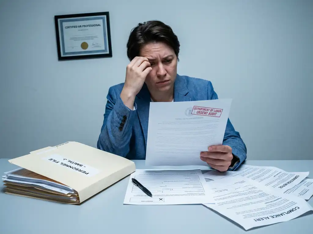HR-professional bekijkt gestempeld overheidsdocument aan bureau met openliggend personeelsdossier en onvoltooide formulieren.
