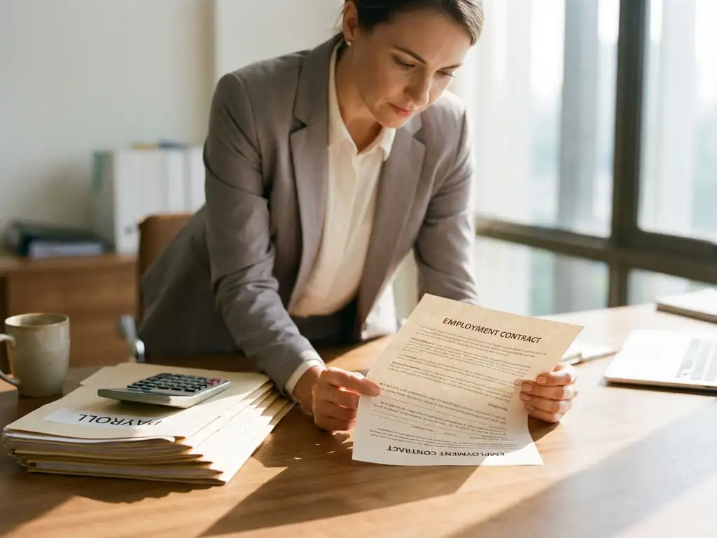 HR-professional bekijkt arbeidscontract aan opgeruimd bureau met salarisadministratie, rekenmachine en koffie in warm kantoorlicht.