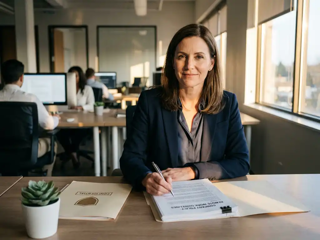 HR-professional in blazer bekijkt rustig een beleidsdocument aan een modern bureau, met warme kantoorverlichting op de achtergrond.