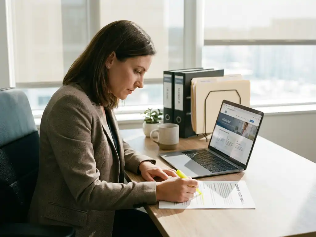 HR-professional beoordeelt beleidsdocument aan modern bureau met laptop, koffie en ordners in warm kantoorlicht.