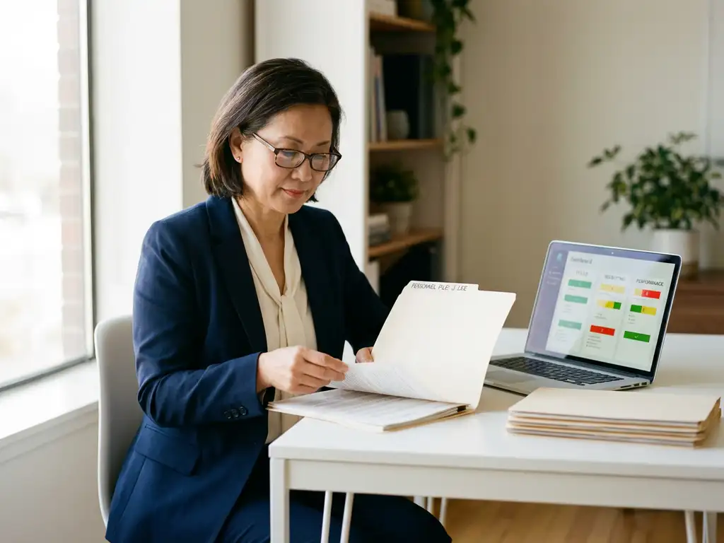 HR-professional bekijkt personeelsdossier aan modern bureau met laptop waarop digitaal dashboard zichtbaar is.