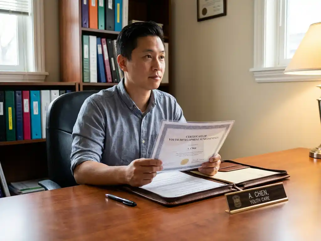 Jeugdzorgmedewerker bekijkt certificeringsdocument aan bureau met portfolio, naamplaatje en pen in professioneel kantoor.