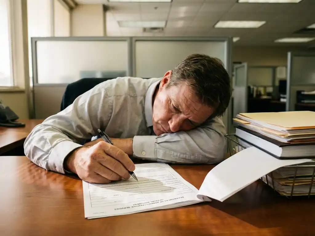 Gestresste kantoormedewerker bij bureau met onvolledig overheidsformulier en pen, stapel beleidsdocumenten gedeeltelijk buiten bereik.