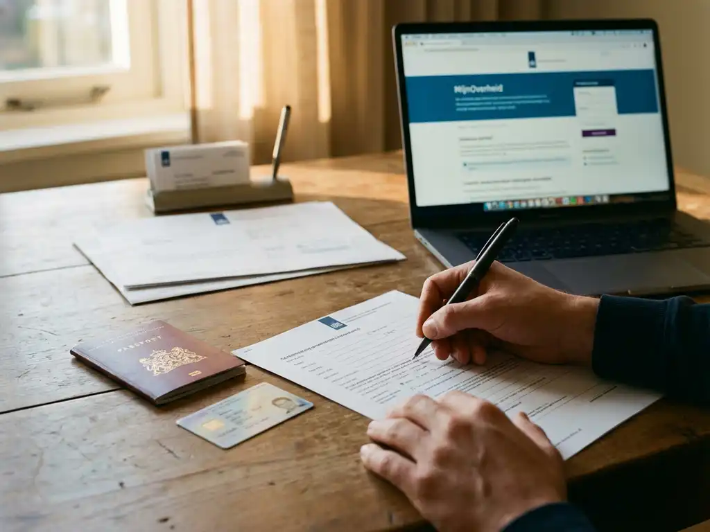 Persoon vult officieel overheidsdocument in aan houten bureau, met Nederlands paspoort als referentie en laptop op de achtergrond.