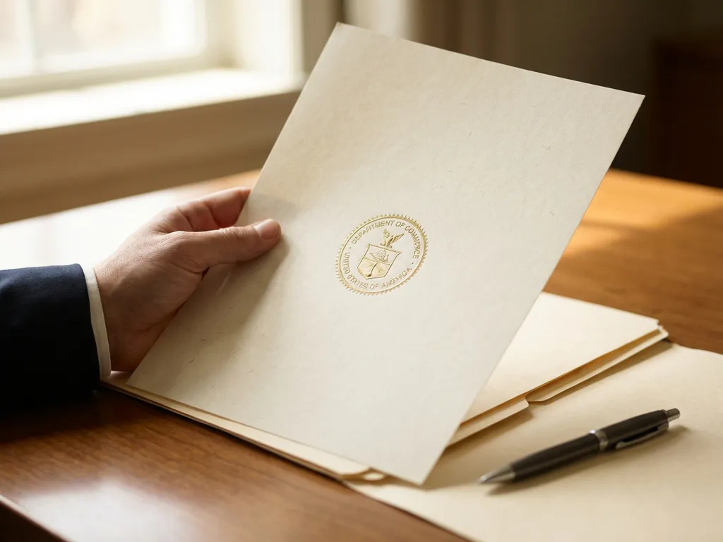 Professionele hand met officieel document met institutioneel zegel op houten bureau, omringd door mappen en pen.