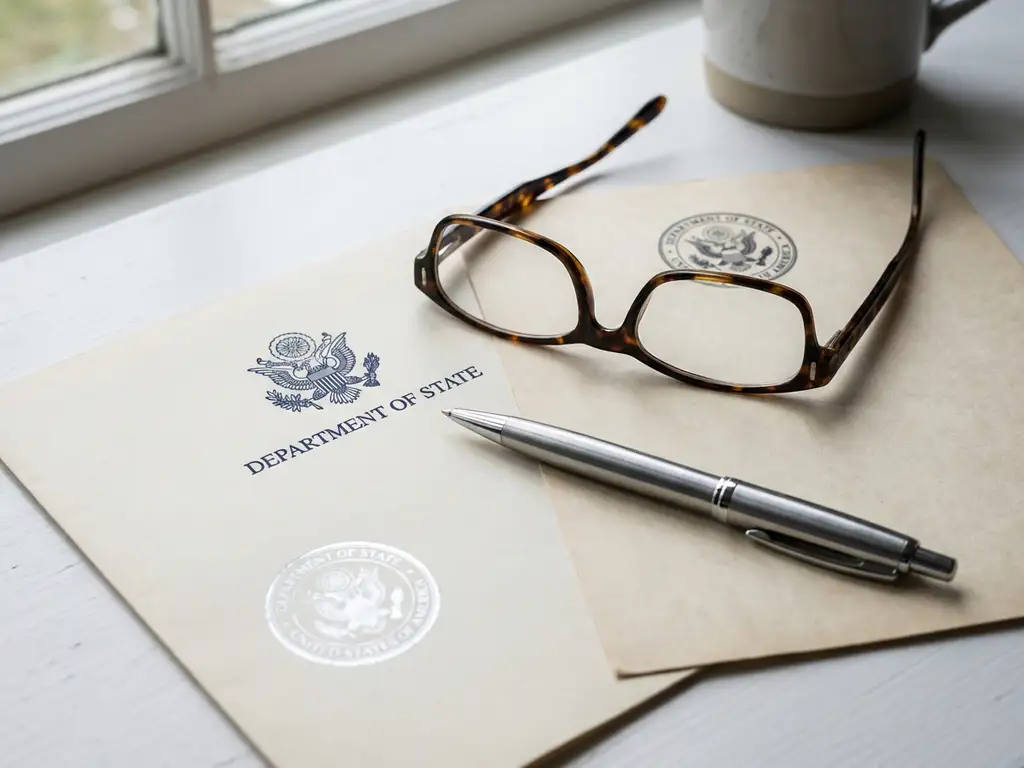 Twee officiële overheidsdocumenten met zegels op een wit bureau, met een pen en leesbril in natuurlijk daglicht.