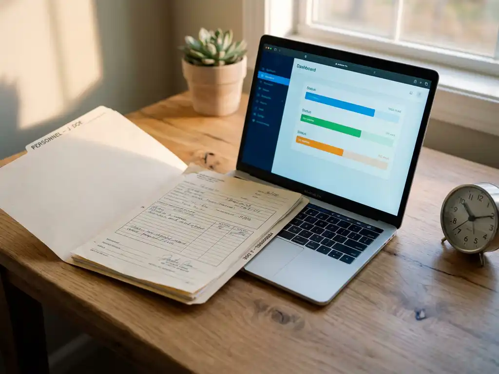 Personeelsdossier met medische documenten op een opgeruimd bureau naast een laptop met dashboard, warm kantoorlicht.