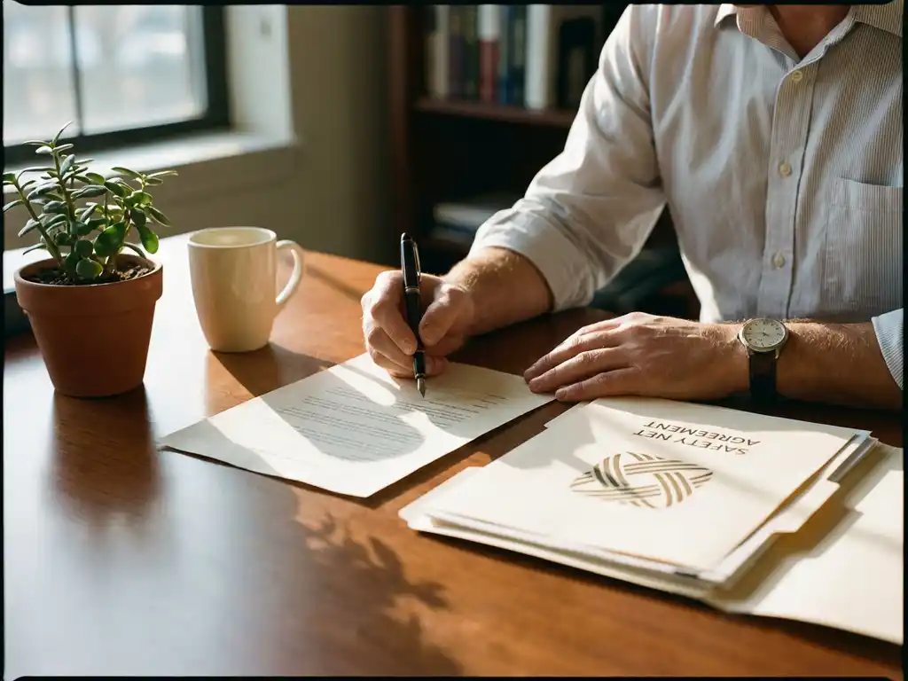Zelfverzekerde professional ondertekent officieel document aan houten bureau in warm ochtendlicht, symbool van zekerheid en stabiliteit.