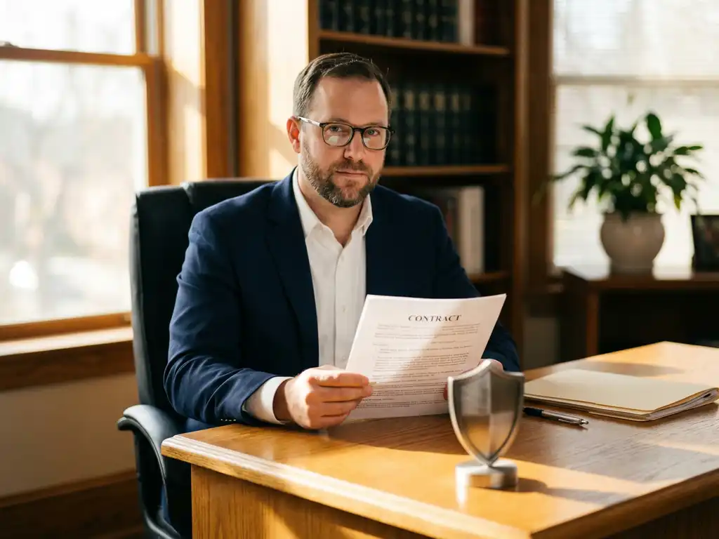 Zelfverzekerde professional bekijkt document aan houten bureau met beschermend schildfiguur, warm kantoorlicht op de achtergrond.