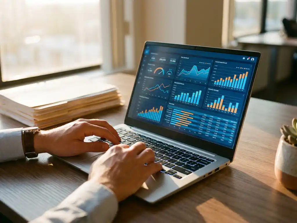 Professionele handen op laptop met data-dashboard, georganiseerd bureau, plant op achtergrond, warm kantoorlicht.
