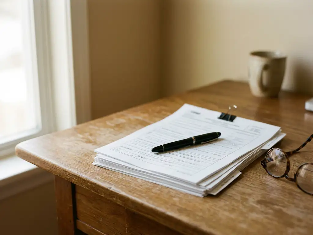 Stapel officiële documenten met pen en leesbril op een houten bureau in warm natuurlijk licht.