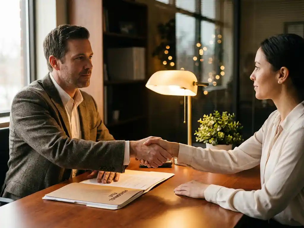 Professionele handdruk tussen sollicitant en hiring manager aan kantoorbureau, warm licht, personeelsdossier zichtbaar.