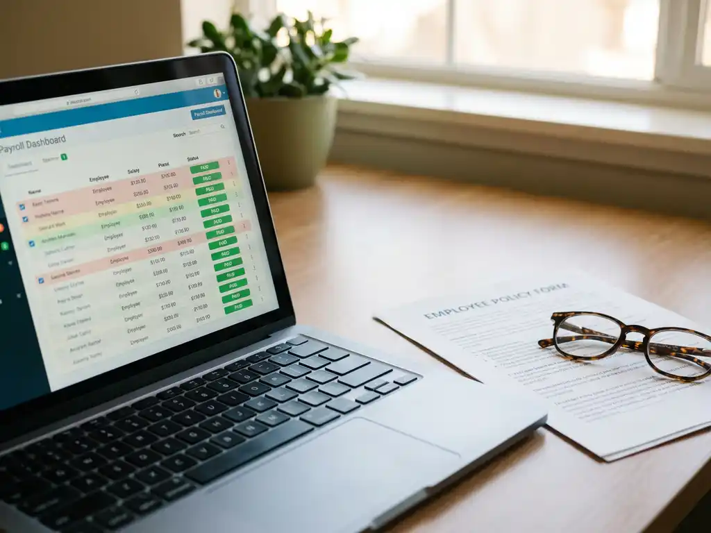 Laptop met payroll-dashboard op kantoorbureau, naast een officieel beleidsdocument en leesbril, professionele sfeer.