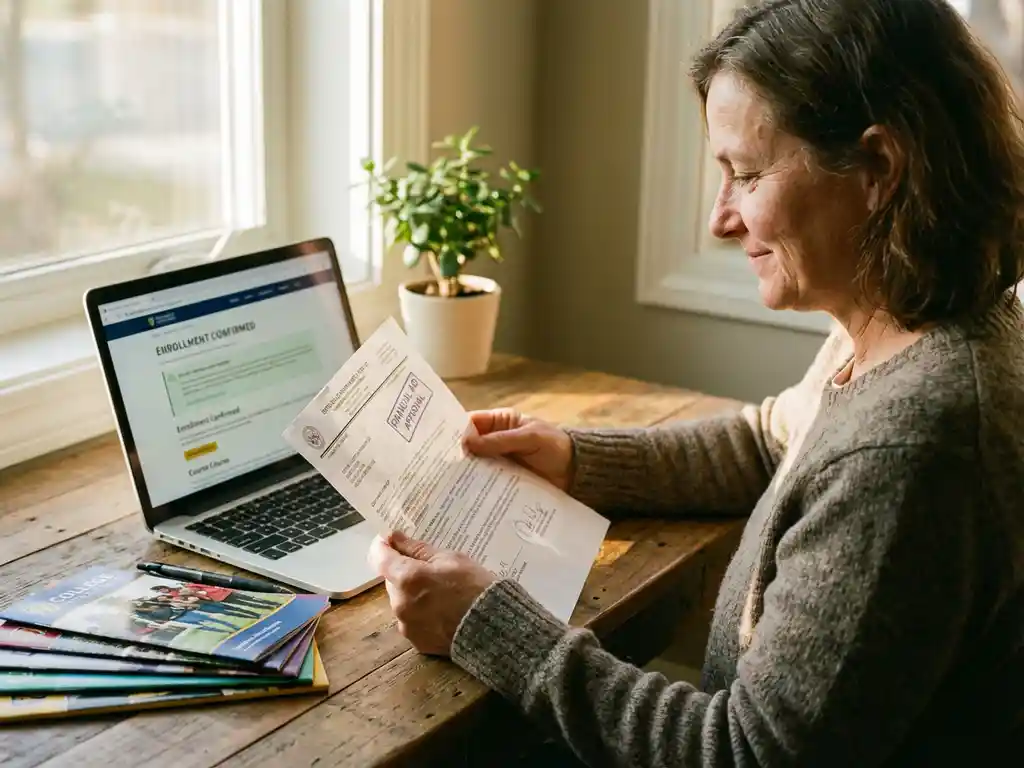 Volwassen student bestudeert overheidsdocument aan houten bureau met laptop, studiemateriaal en warm zonlicht.