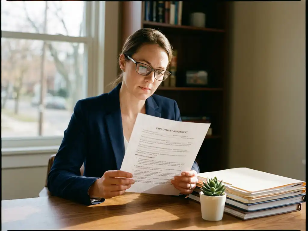 Professionele vrouw leest aandachtig een arbeidscontract aan een opgeruimd bureau, met natuurlijk licht en een groene plant.