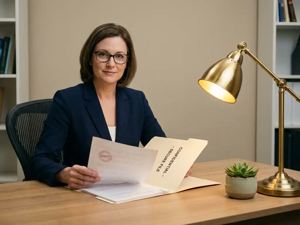 Professionele vrouw bekijkt goedgekeurd document aan bureau met warme verlichting, uitdrukking van opluchting en zekerheid.