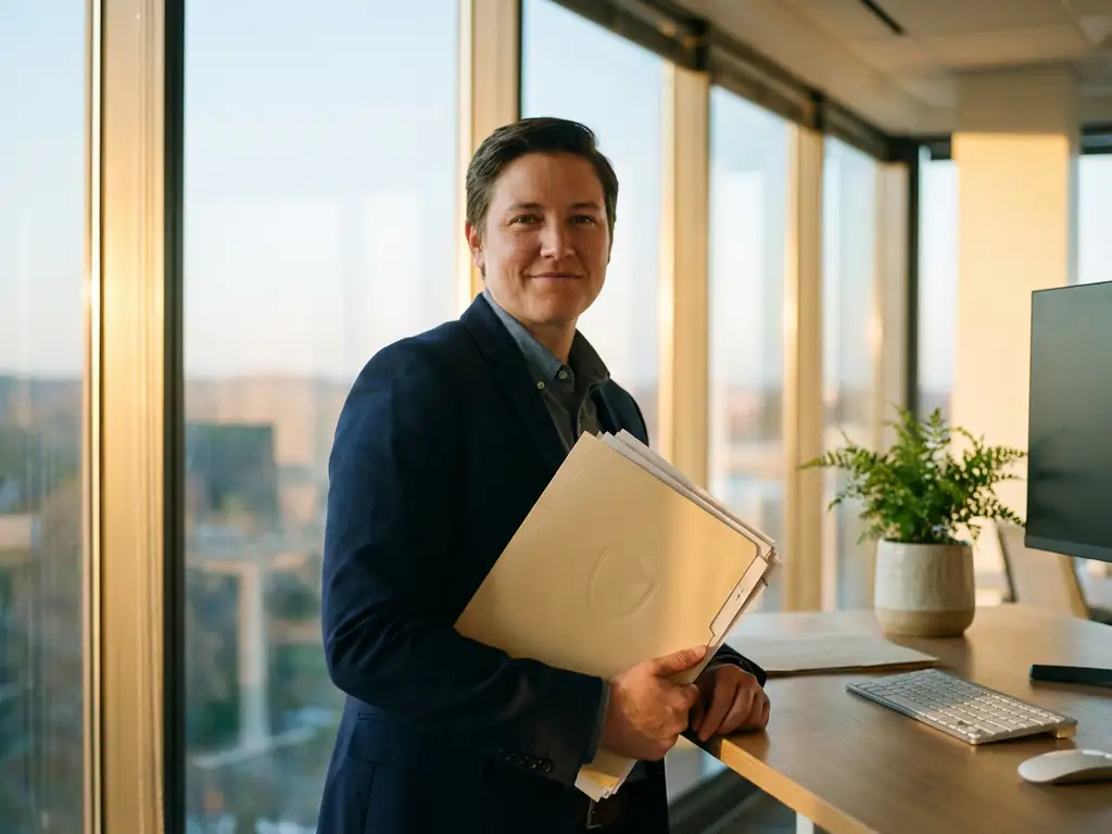 Zelfverzekerde medewerker houdt een officiële map vast aan een modern bureau, verlicht door warm goudkleurig kantoorlicht.