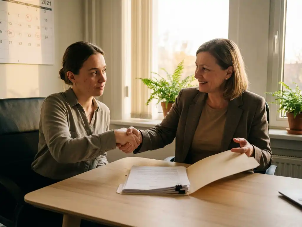 HR-manager en werknemer schudden handen boven open medische documenten aan een modern bureau, warm kantoorlicht.