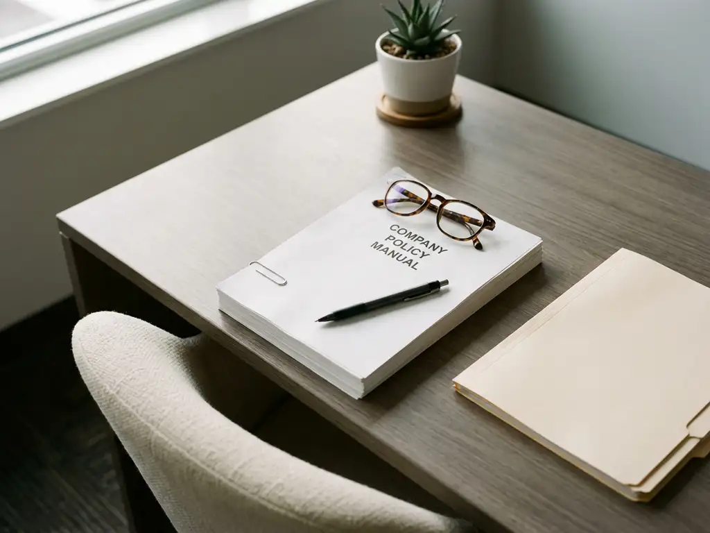 Beleidsdocument met leesbril en pen op een zakelijk bureau, klaar voor beoordeling, in warm kantoorlicht.