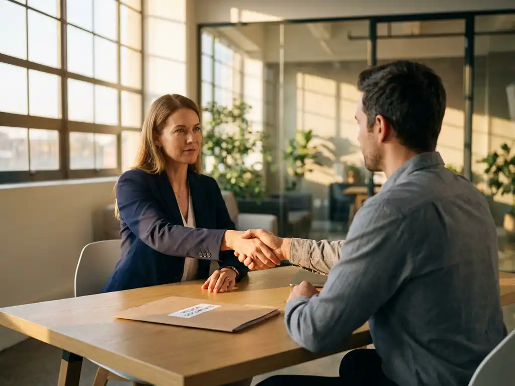 Professionele handdruk tussen kandidaat en hiring manager aan kantoorbureau met medische documenten, warm middaglicht