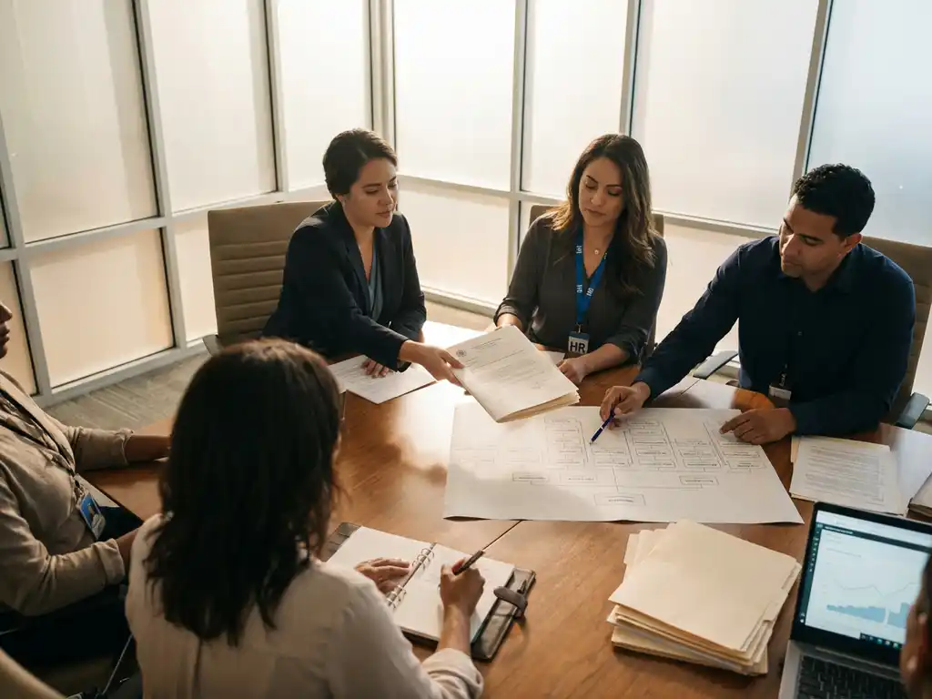 HR-professional ontvangt beleidsdocument tijdens zakelijke vergadering aan conferentietafel met collega's en organisatieschema.