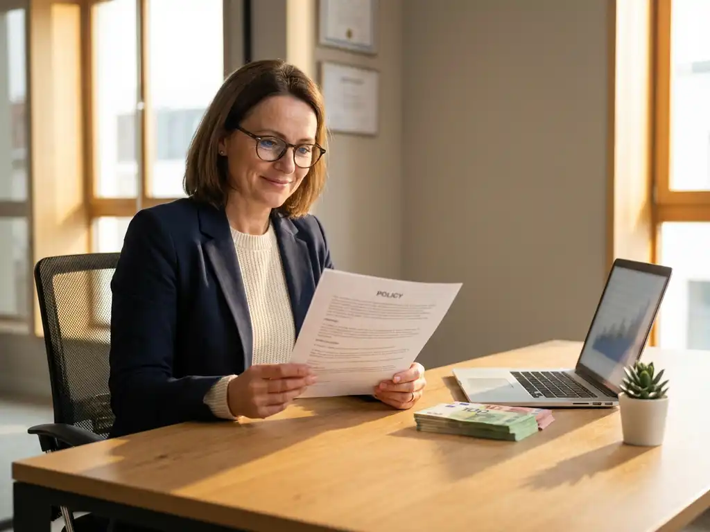Zelfverzekerde professional bekijkt polisdocument aan bureau met eurobiljetten en laptop in warm kantoorlicht.