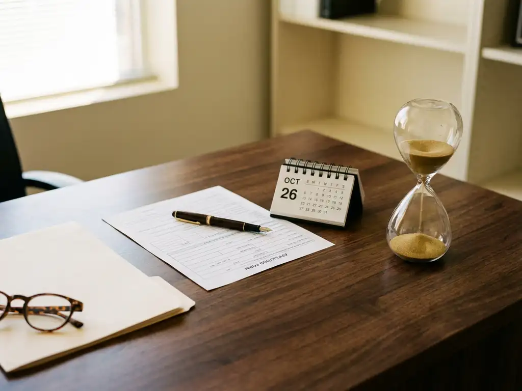 Zandloper op een opgeruimd bureau naast een aanvraagformulier, pen en kalender, in warm natuurlijk licht.