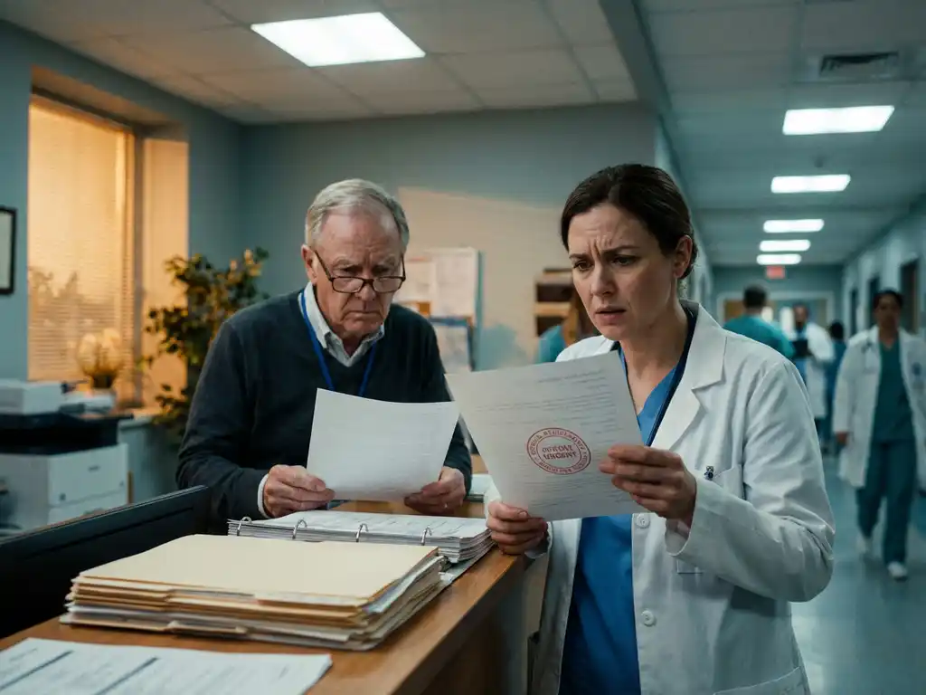 Zorgprofessional houdt officieel registratiedocument met rood stempel vast aan receptiebalie in ziekenhuis, met bezorgde uitdrukking.