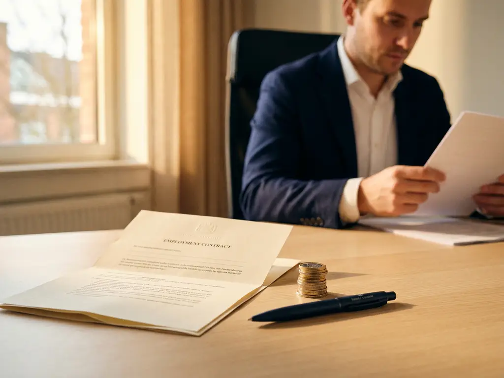 Arbeidscontract op modern bureau naast gestapelde euromunten en pen, jonge professional bekijkt documenten op de achtergrond.