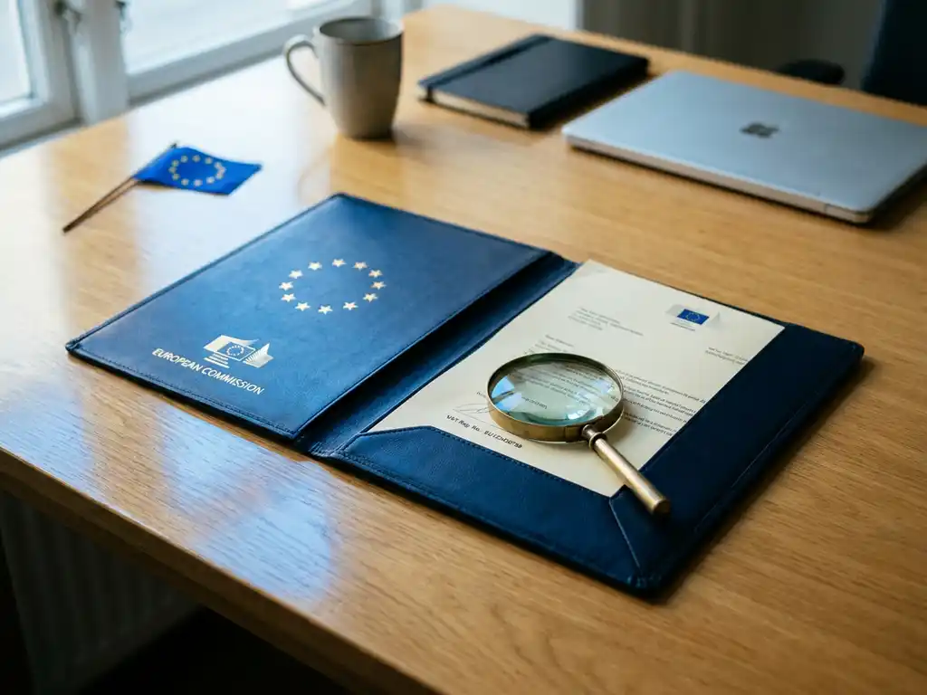 Vergrootglas op een BTW-registratienummer in een officieel EU-document, op een modern bureau met marineblauw en gouden tinten.