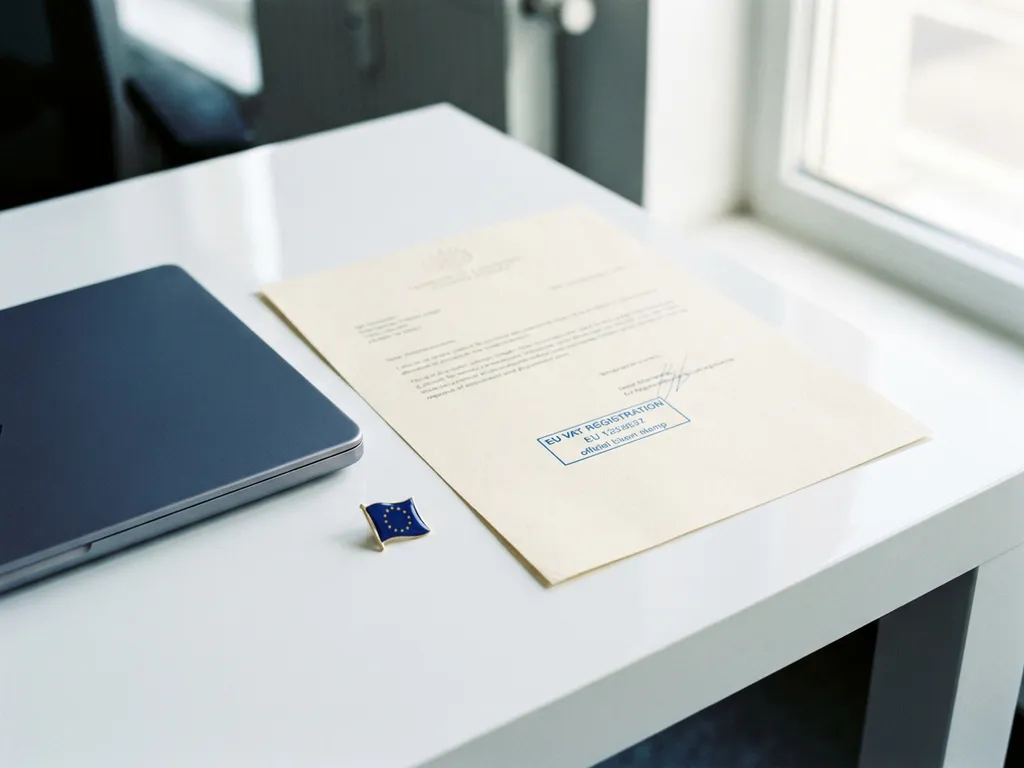 EU btw-registratiedocument op wit bureau naast laptop en Europese vlaggenpin, verlicht door natuurlijk daglicht.
