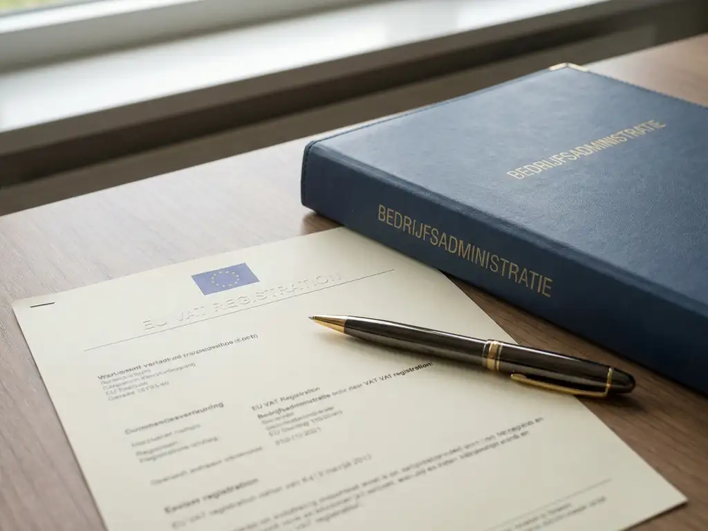 EU btw-registratiedocument op bureau naast Nederlandse bedrijfsadministratiemap met pen, in zacht natuurlijk licht.