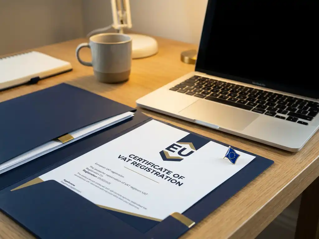 BTW-registratiedocument op modern bureau naast laptop met EU-vlagspeld, professionele financiële administratie sfeer.