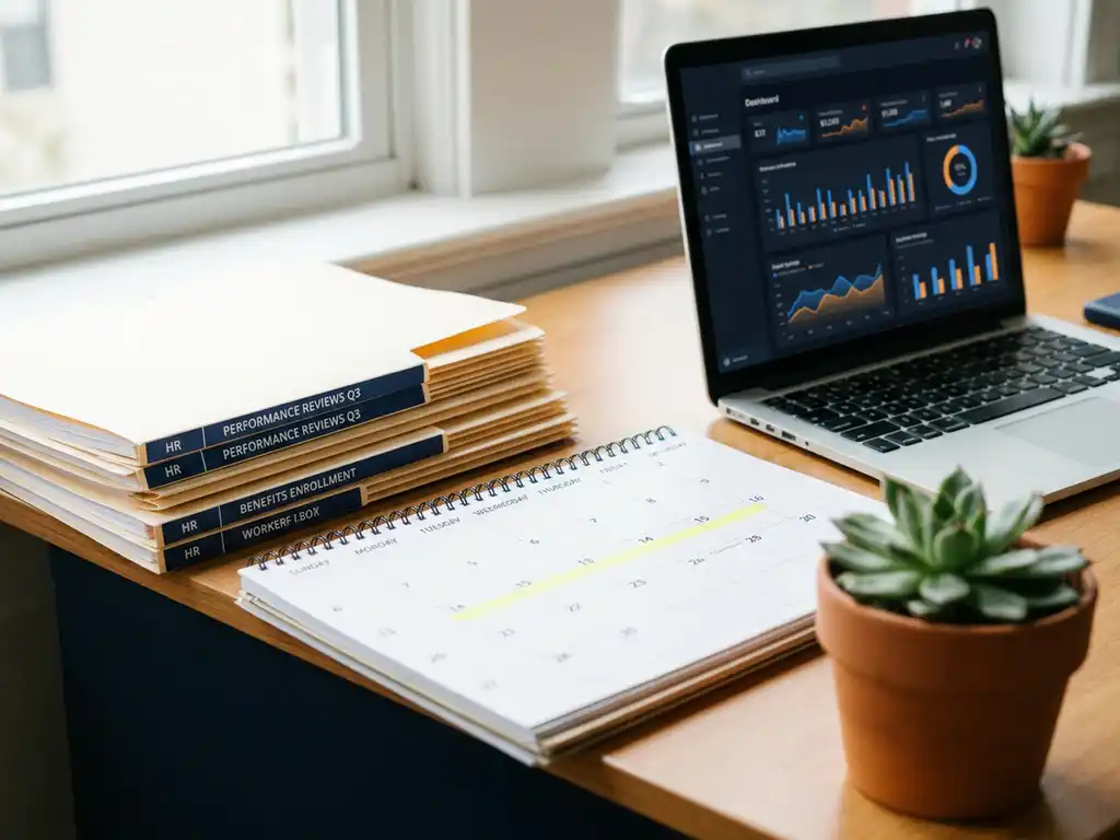 Bureau-agenda met gemarkeerde week, HR-documenten, laptop met datadashboard en klein potplantje in natuurlijk zijlicht.