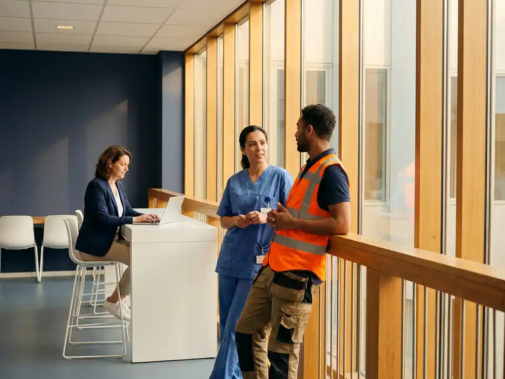 Verpleegkundige, logistiek medewerker en administratief medewerker samen in een moderne Nederlandse werkomgeving met natuurlijk licht.