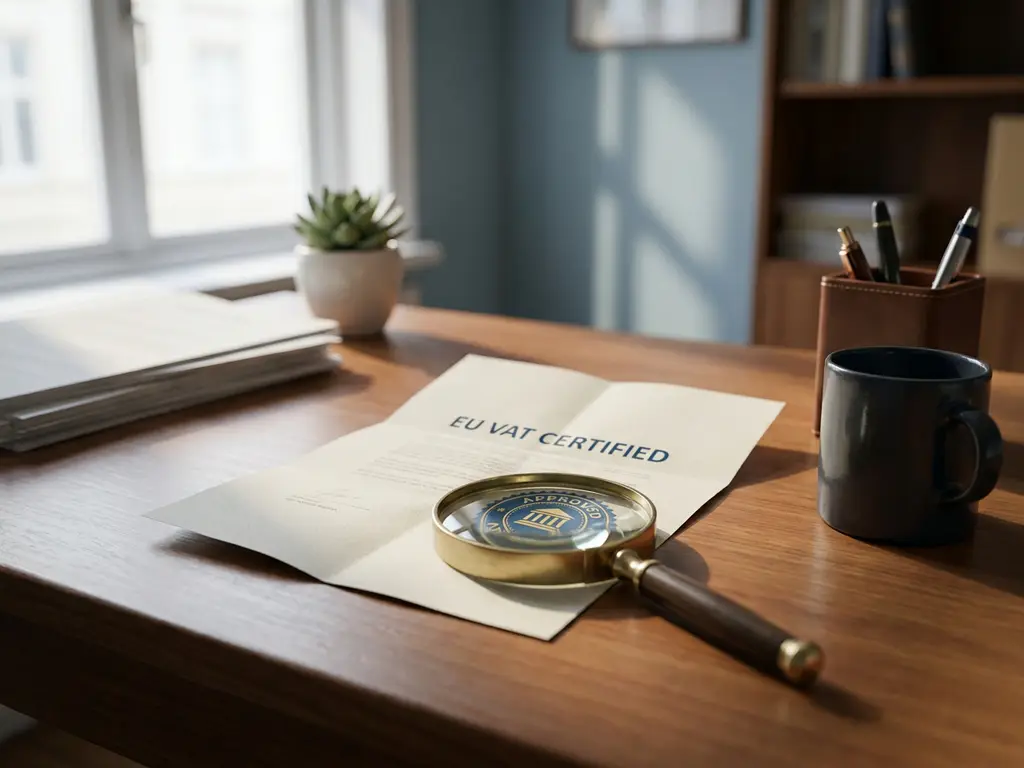 EU btw-certificaat op modern bureau naast vergrootglas op goedkeuringsstempel, kantooromgeving in marineblauw en ivoor tinten.