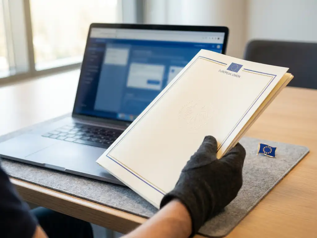 Gehandschoende hand met EU-document naast laptop op modern bureau, met EU-vlagspeld en zacht natuurlijk licht.