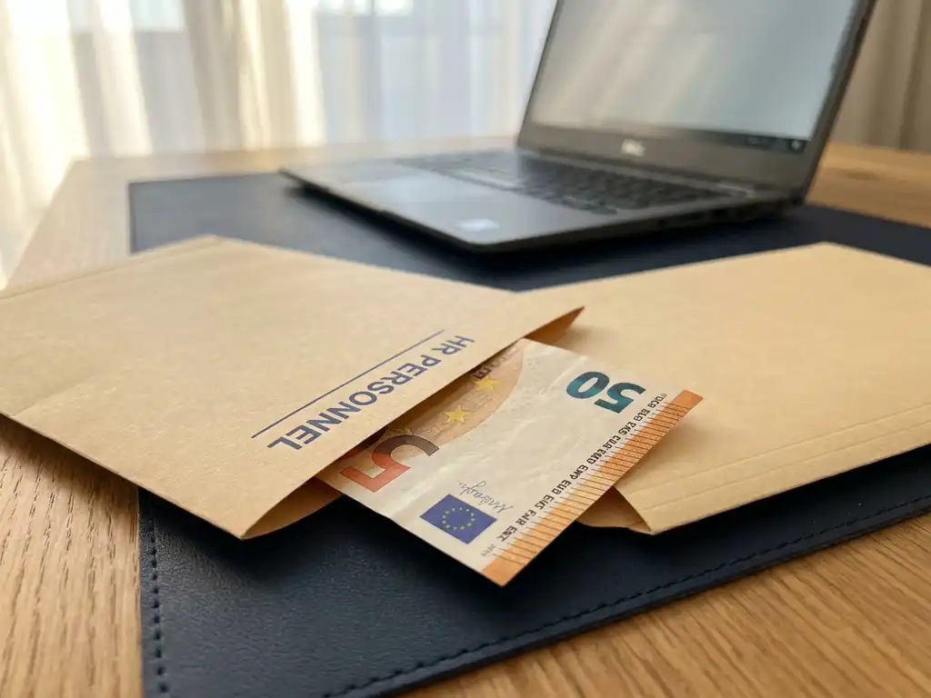 Euro biljet gedeeltelijk in witte HR-personeelsmap op modern bureau, met open laptop op de achtergrond.