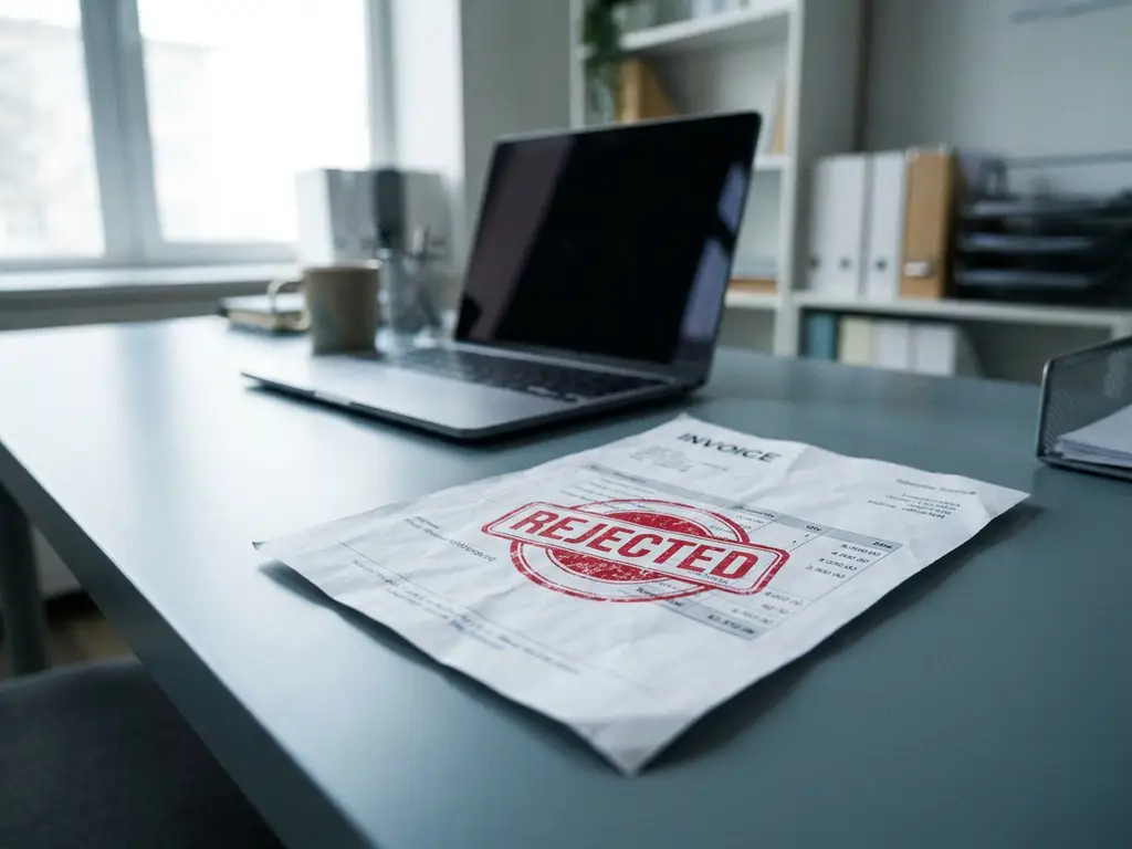 Verfrommelde factuur met rode afkeuringsstempel op modern bureau, laptop op de achtergrond, professionele kantooromgeving.