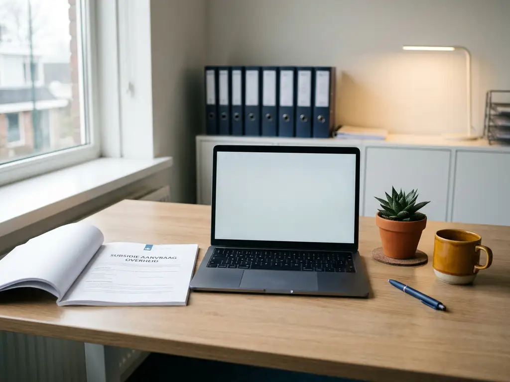 HR-bureau met laptop, opengeslagen subsidiedocument, koffiemok en potplant in professioneel Nederlands kantoor.