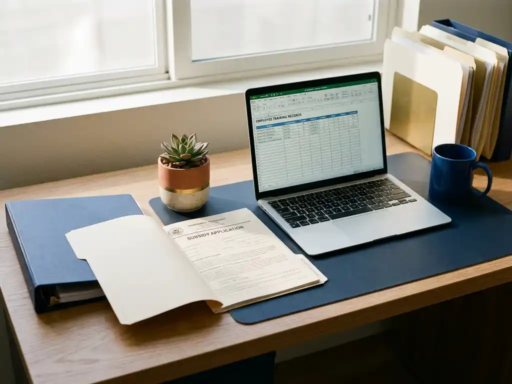 HR-bureau met open subsidiedocument naast laptop met trainingsadministratie, potplant en warm natuurlijk licht.