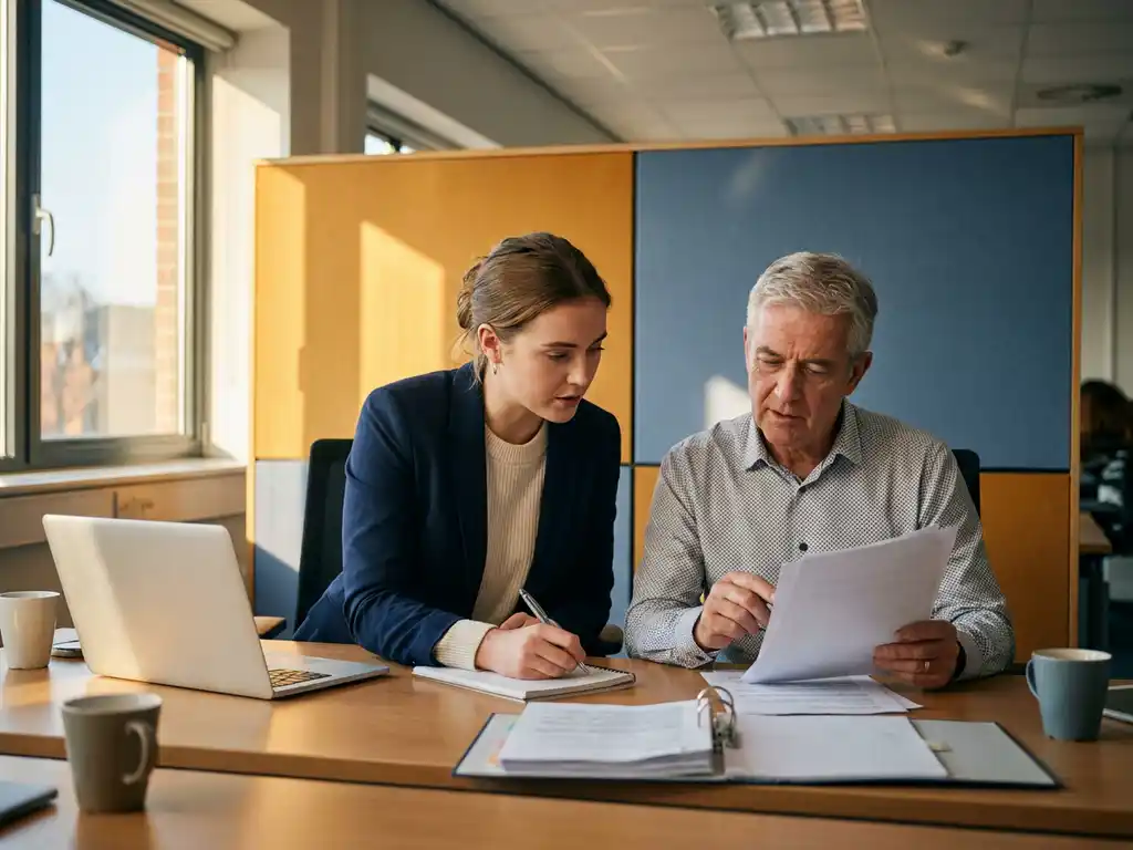 Jonge professional maakt aantekeningen naast een mentor die documenten bespreekt aan een modern bureau met laptop en ordners.
