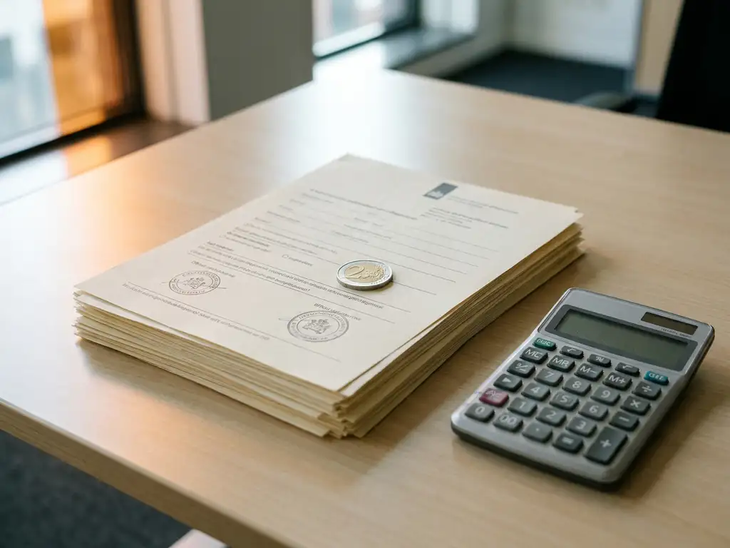 Stapel Nederlandse administratieve documenten met rekenmachine en euromunt op modern kantoorbureau, zacht natuurlijk zijlicht.