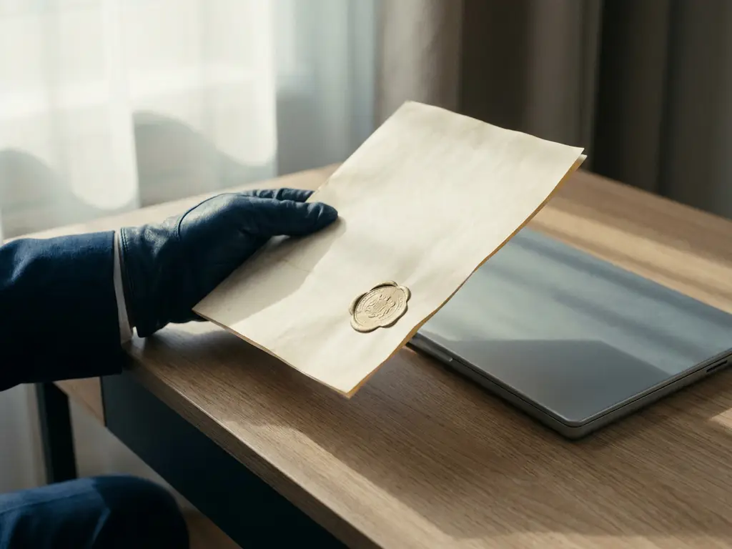 Gehandschoende hand met officieel gestempeld document op modern bureau naast laptop, zacht natuurlijk licht.