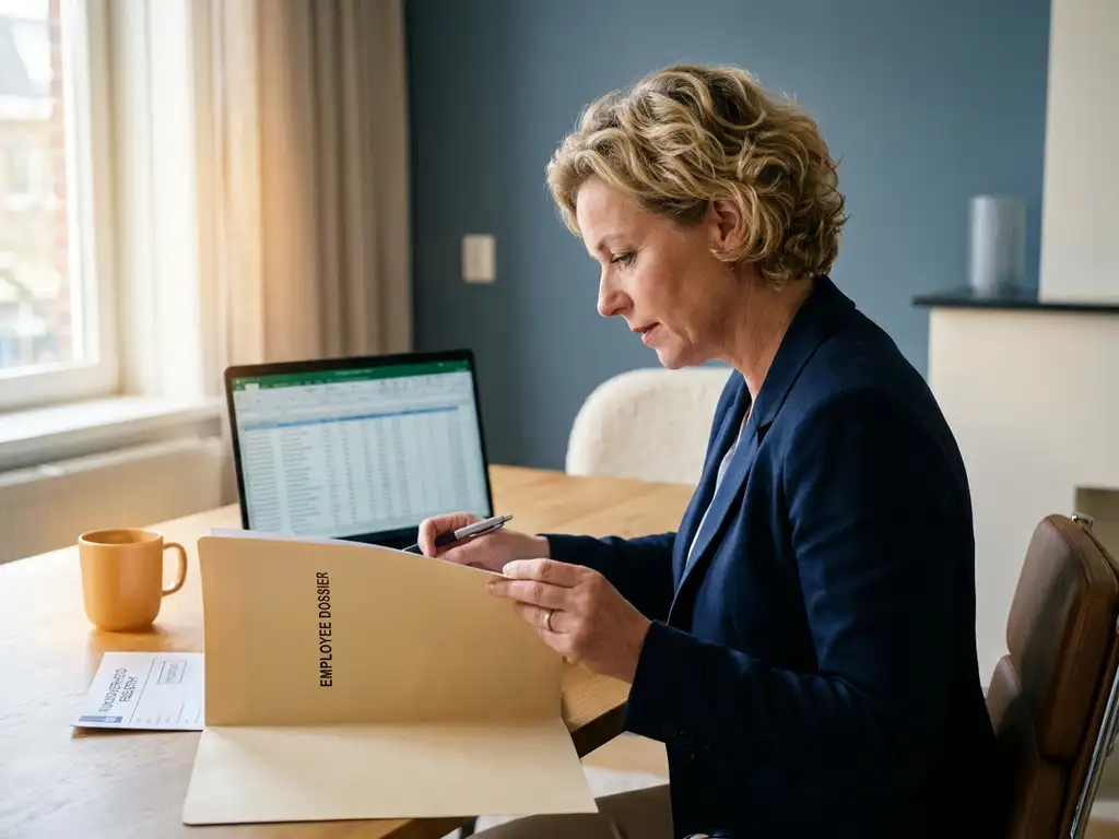 HR-professional bekijkt personeelsdossier op modern kantoorbureau met laptop en overheidsdocument op de achtergrond.