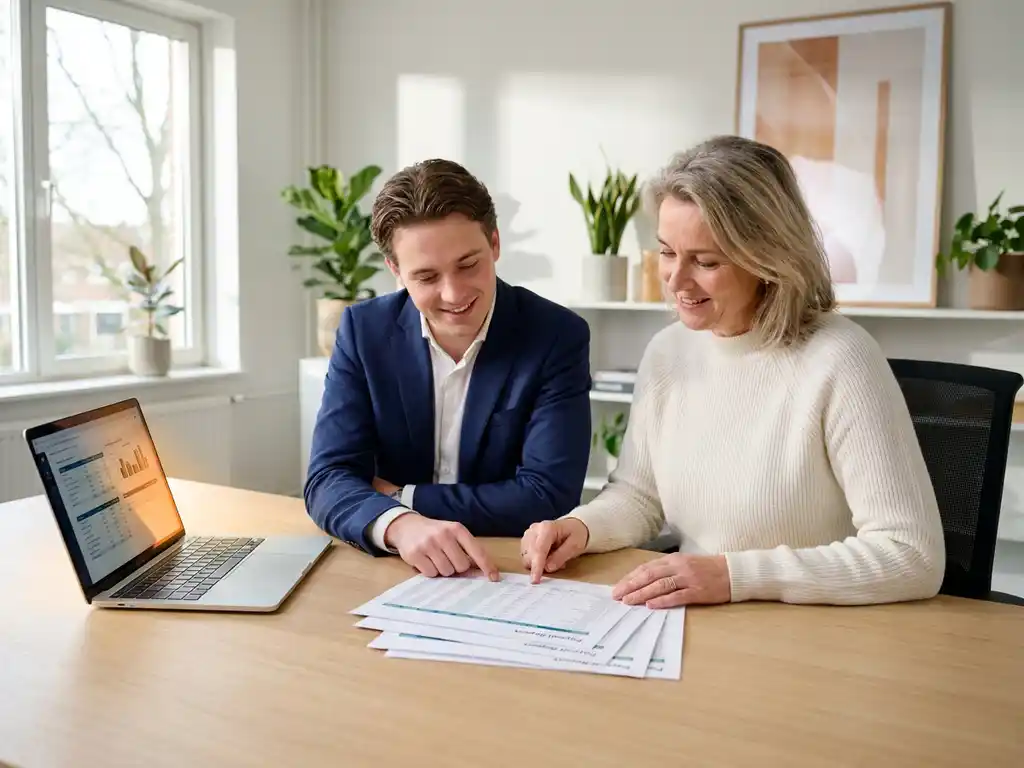 Junior HR-medewerker en senior collega bespreken salarisadministratie aan modern bureau met laptop en rapporten in licht Nederlands kantoor.